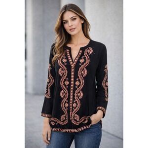 J. Jill Black Embroidered Tunic Top Small Cotton Tencel Modal Boho Split Neck